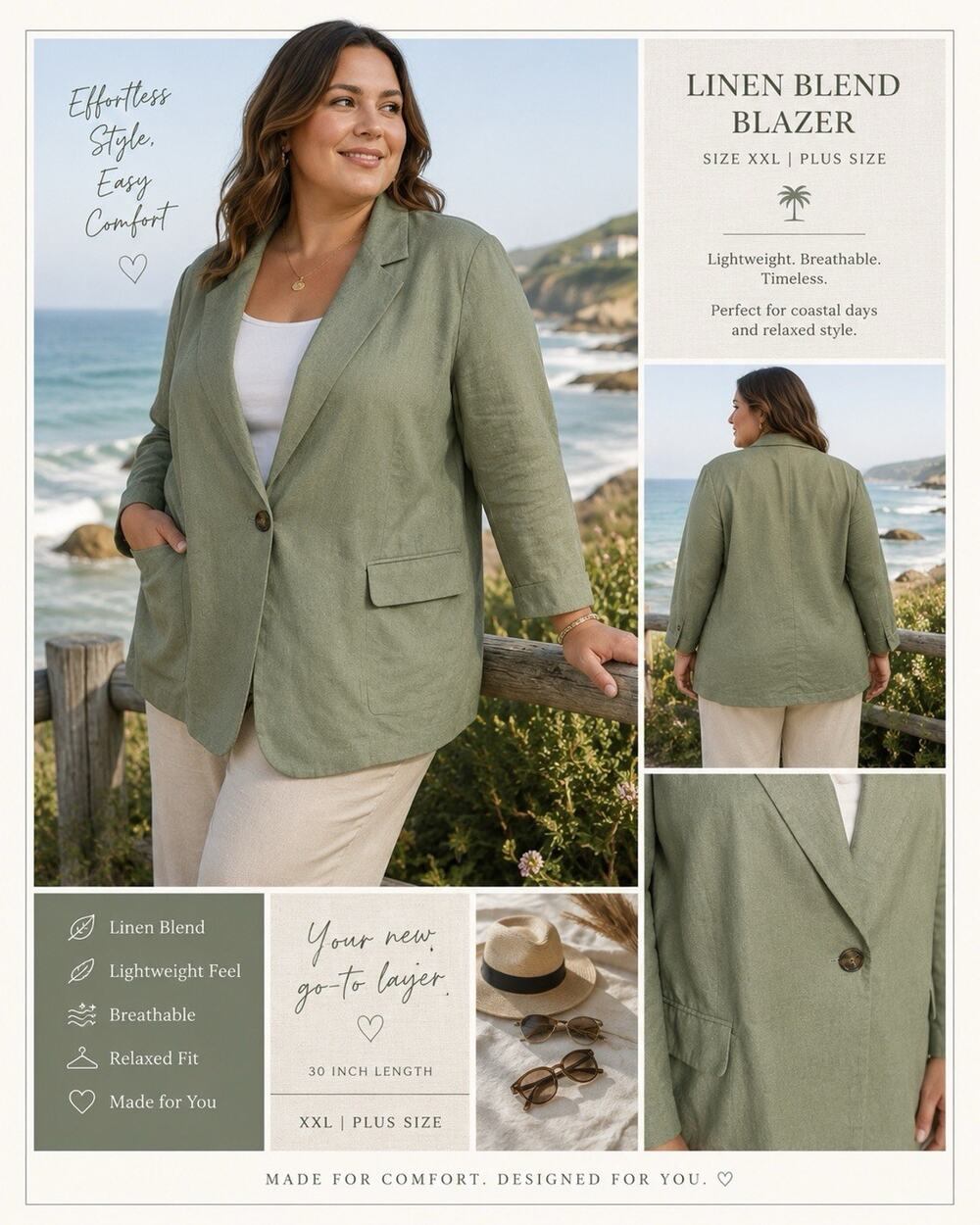 EXPRESS Sage Green Lined Linen Cotton Coastal Blazer Plus XXL
